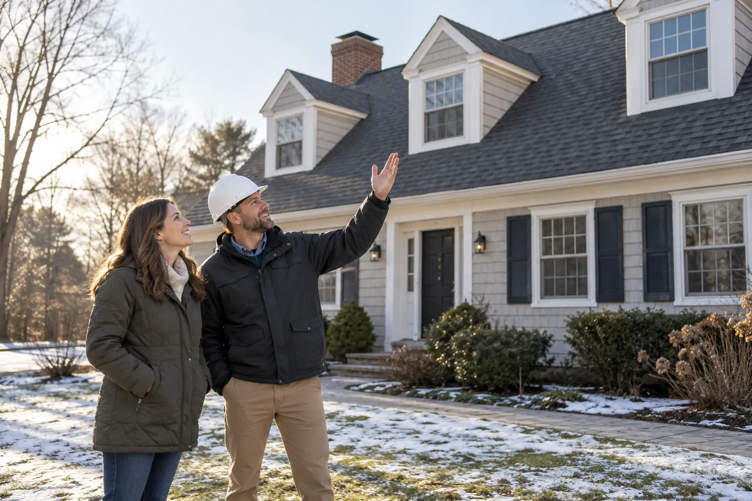 A homeowner and a roofing provider looking at a shingle roof in Brewster