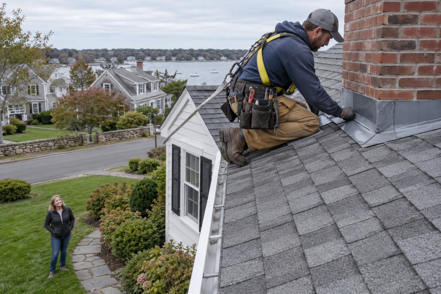 Roofing provider inspecting a shingle roof on a Brewster home with a homeowner watching from the yard