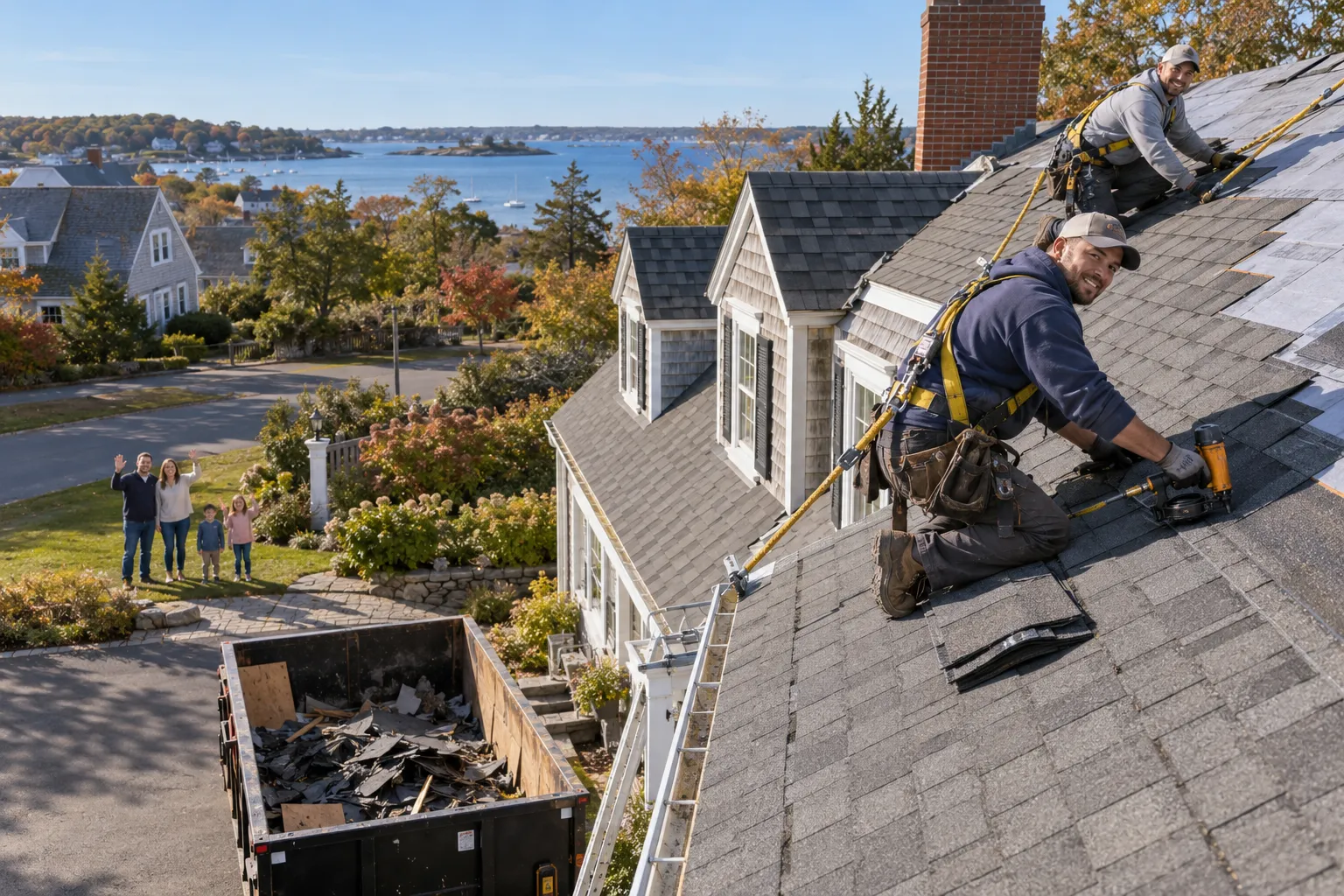 Friendly provider crew installing new shingles on a Cape Cod style home in the Brewster area